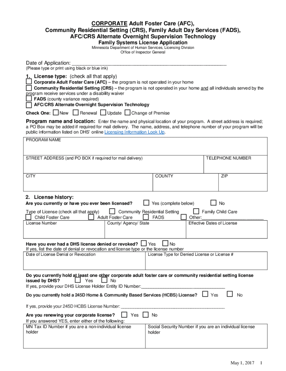  License Application for Corporate AFC, CRS, FADS, AFCCRS Alternate Overnight Supervision Technology Family Systems License Appli 2017-2024