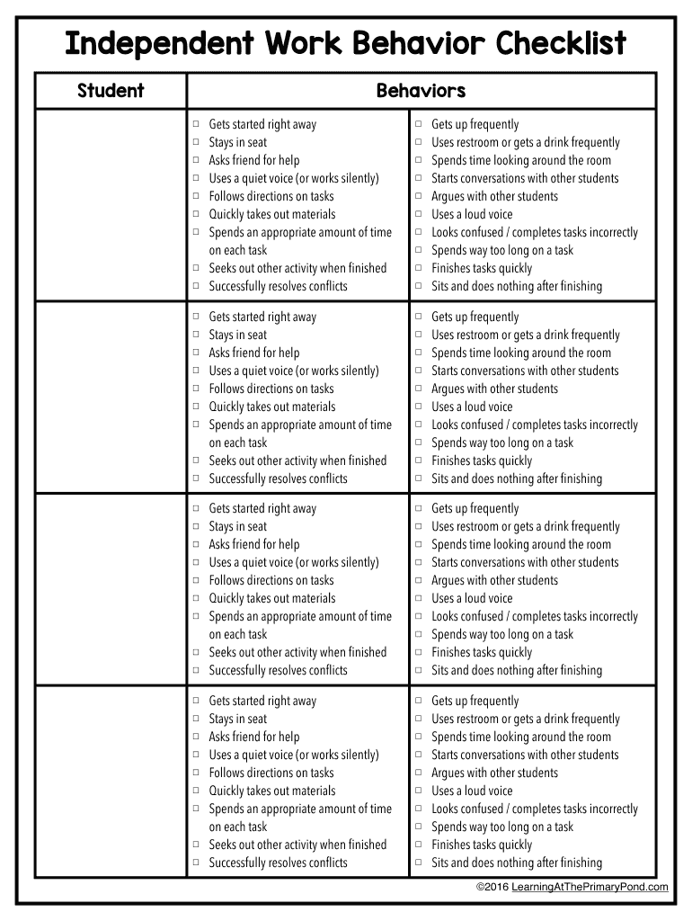 Independent Work Behavior Checklist  Form