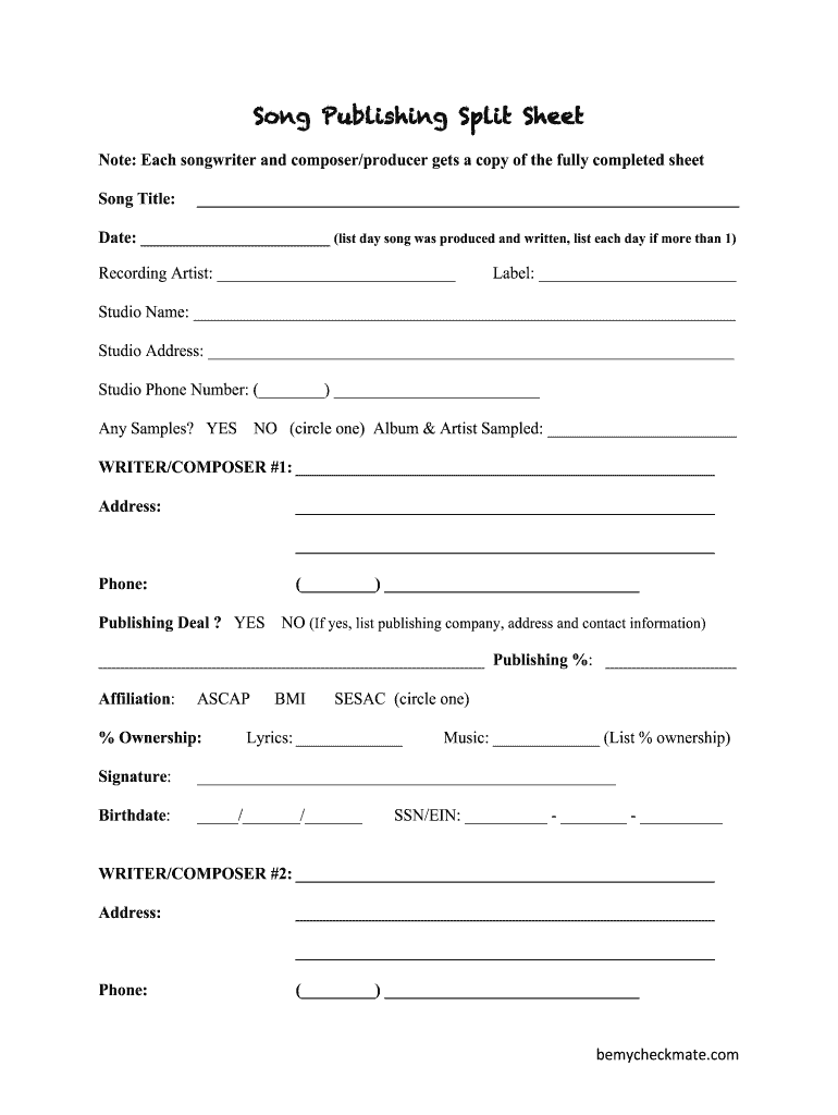 Song Publishing Sheet  Form