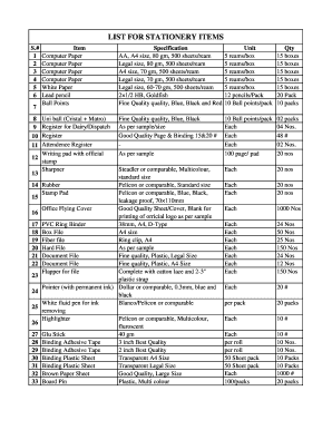 Stationery Items List Price PDF  Form