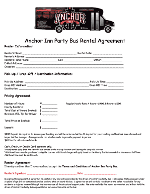 Anchor Inn Party Bus Rental Agreement  Form