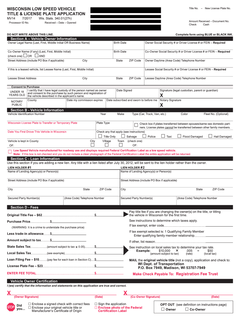  Wisconsin Low Speed Vehicle Title & License Plate Application 2017