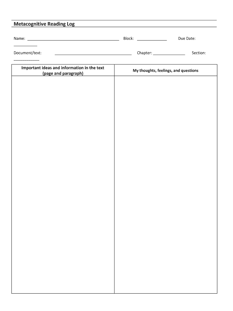 Metacognitive Reading Log  Form