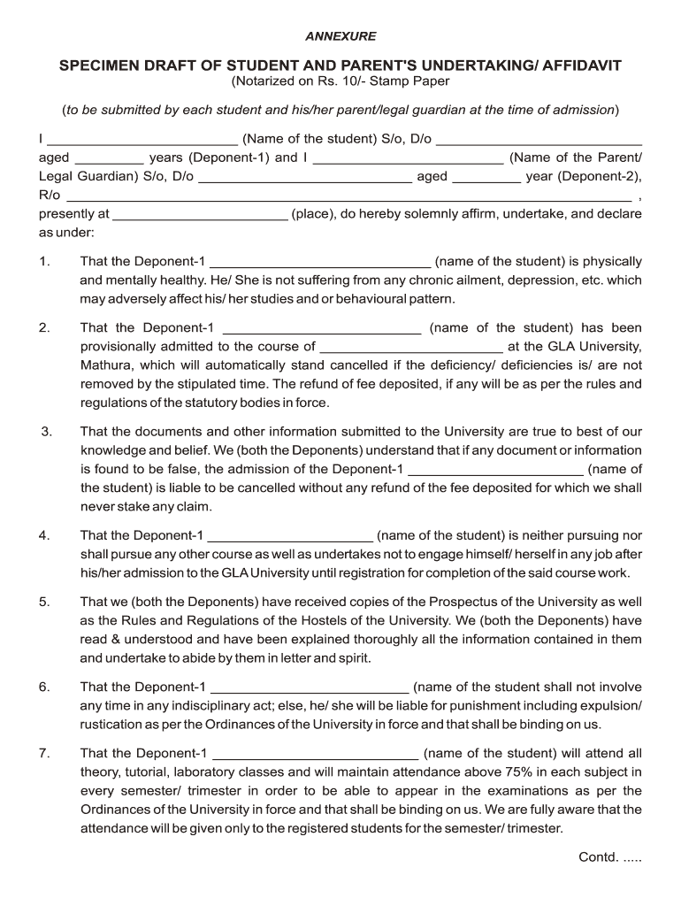 SPECIMEN DRAFT of STUDENT and PARENT&#039;S UNDERTAKING AFFIDAVIT  Form