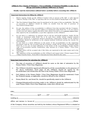 Affidavit for Change of Signature Non Availability of SignatureInability to Sign Due to  Form