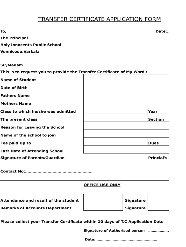 TRANSFER CERTIFICATE APPLICATION FORM