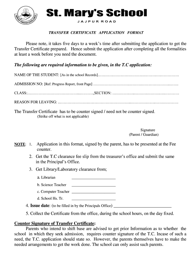 Transfer Certificate Application  Form