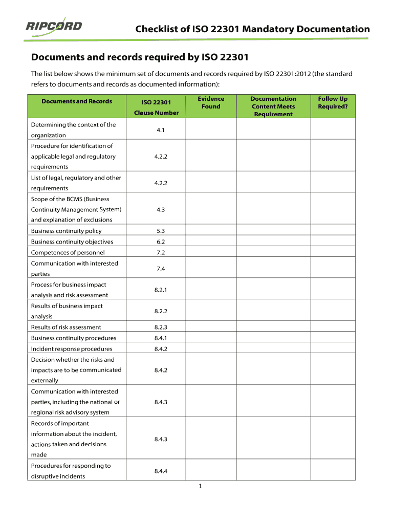 Documents and Records Required by ISO 22301  Form