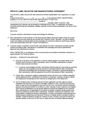 PRIVATE LABEL SELECTOR and MANUFACTURING AGREEMENT  Form