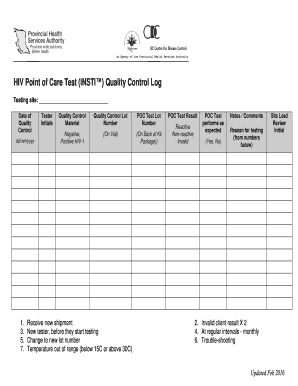 HIV Point of Care Test INSTI Quality Control Log  Form