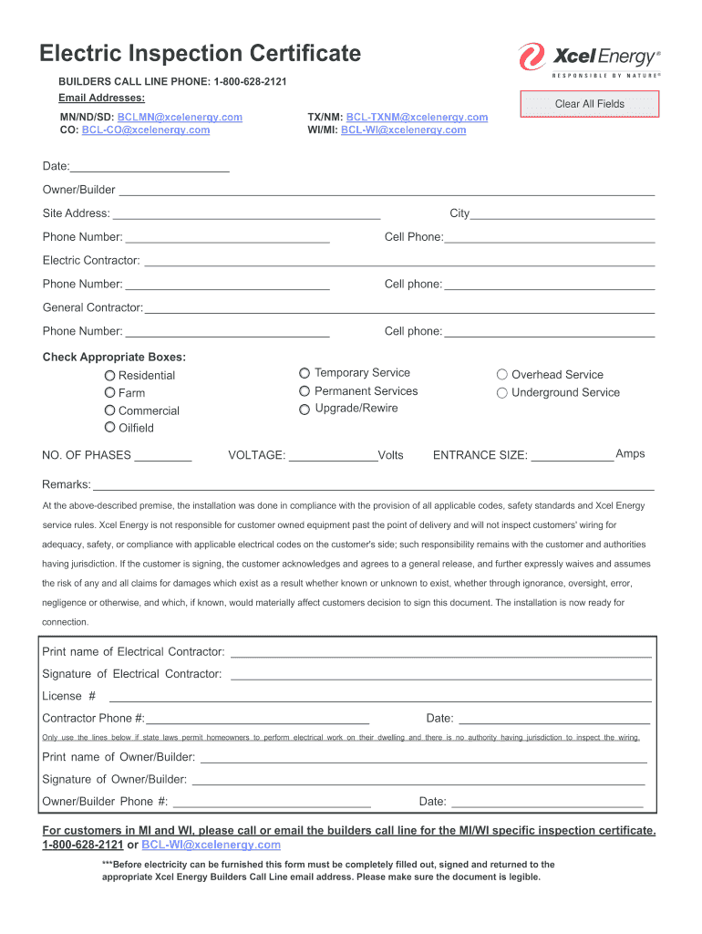 Electrical Inspection Certificate  Form