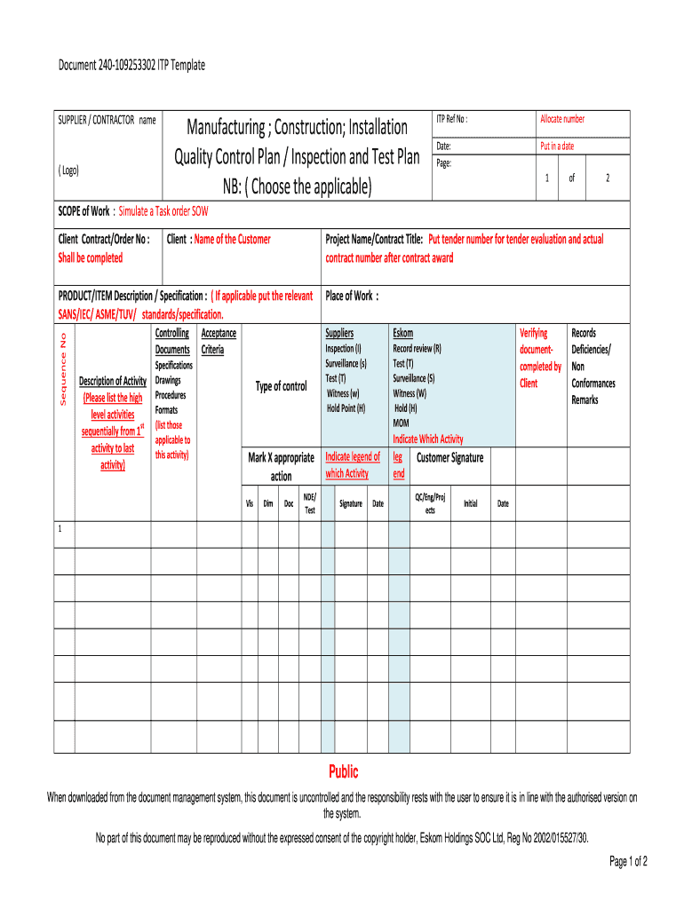 Itp Template Excel  Form