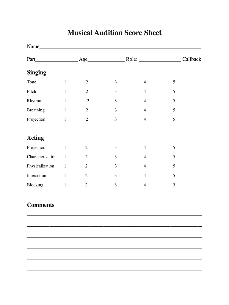 Musical Theatre Audition Score Sheet  Form