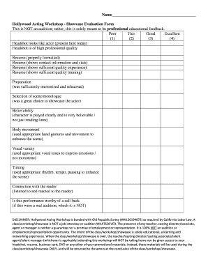 Hollywood Acting Workshop Showcase Evaluation Form