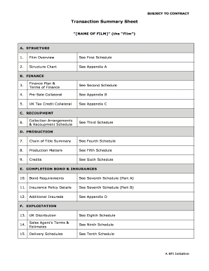 Transaction Summary Sheet  Form