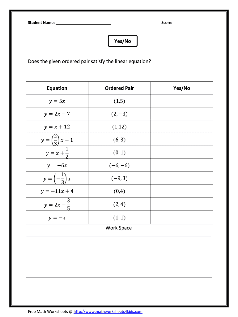 Does the Ordered Pair Satisfy the Linear Equation Worksheet  Form