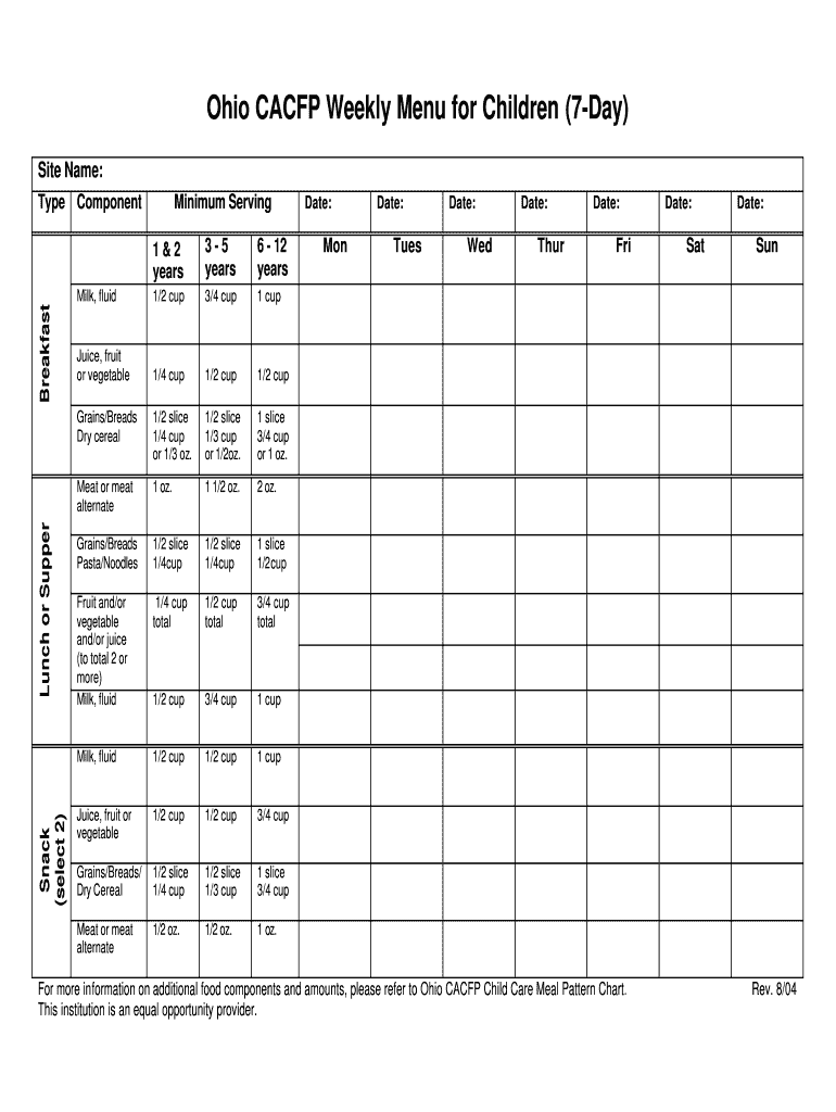 Ohio CACFP Weekly Menu for Children 7 Day  Form