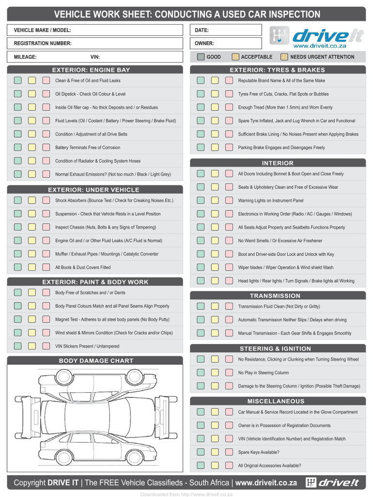 VEHICLE WORK SHEET CONDUCTING a USED CAR INSPECTION  Form
