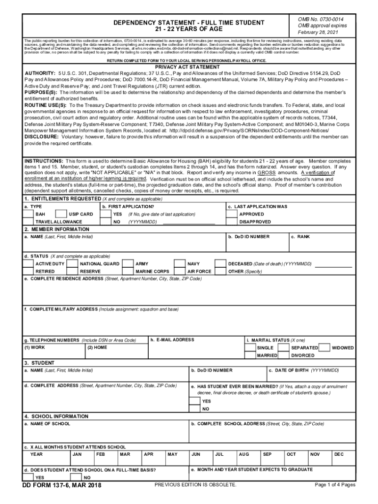 Get and Sign DD Form 137 6, Dependency Statement Full Time Student 21 22 Years of Age, February 2018-2022