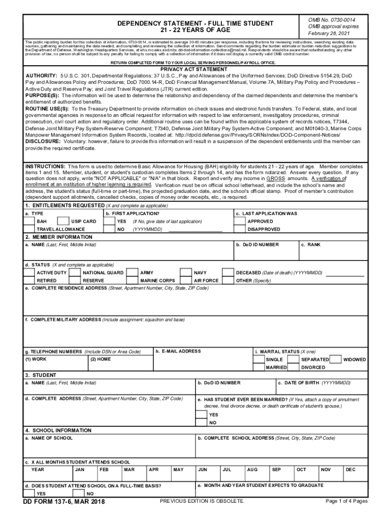  DD Form 137 6, Dependency Statement Full Time Student 21 22 Years of Age, February 2018-2024