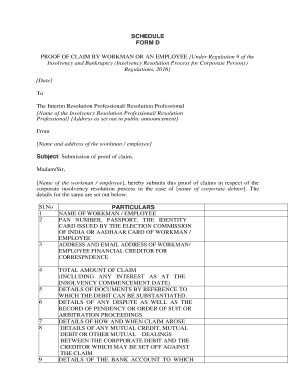 Form D Proof of Claim by a Workman or an Employee