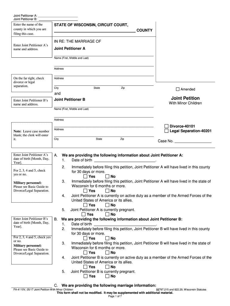  FA 4100 Wisconsin Court System Circuit Court Forms 2018