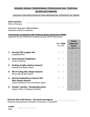 CHECKLIST for APPLICATION of NON PREFERENTIAL CERTIFICATE of ORIGIN  Form