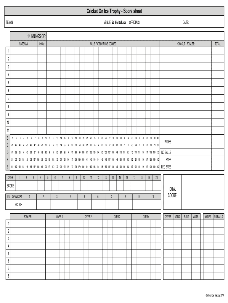 Cricket on Ice Trophy Score Sheet  Form