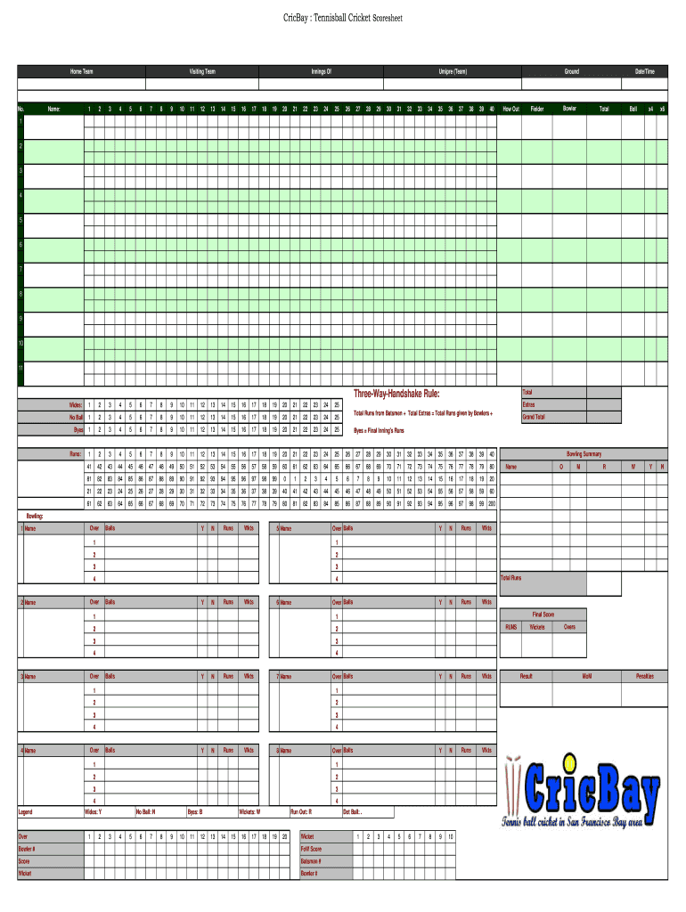 10 over Cricket Score Sheet  Form