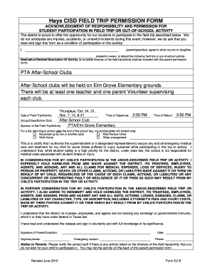 Hays CISD FIELD TRIP PERMISSION FORM