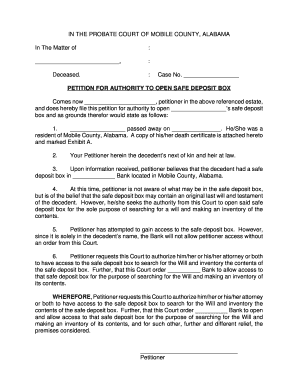 PETITION for AUTHORITY to OPEN SAFE DEPOSIT BOX  Form