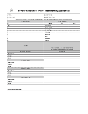 Boy Scout Meal Planning Worksheet  Form