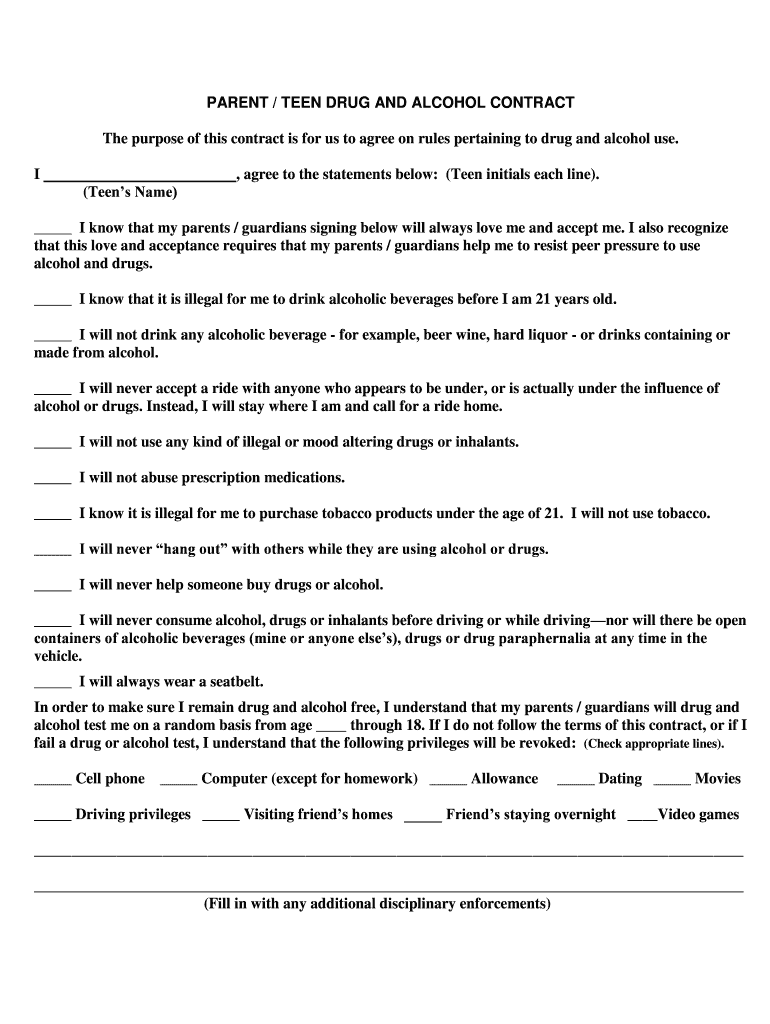 PARENT TEEN DRUG and ALCOHOL CONTRACT  Form