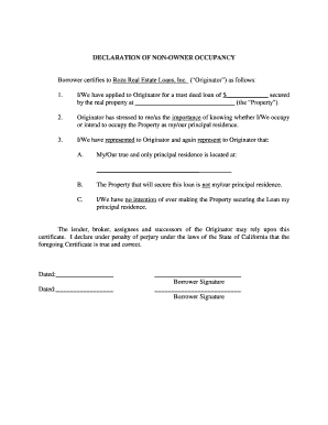 DECLARATION of NON OWNER OCCUPANCY  Form