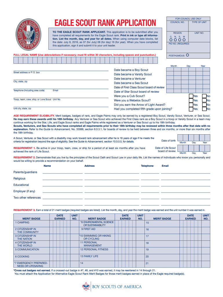  Eagle Scout Application  Form 2017-2024