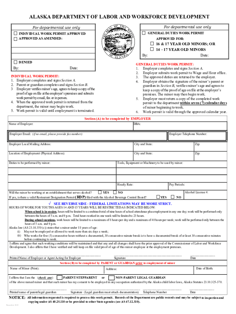  Alaska Department of Labor &amp; Workforce Development Labor Standards &amp; Safety Work Permit 2021-2024