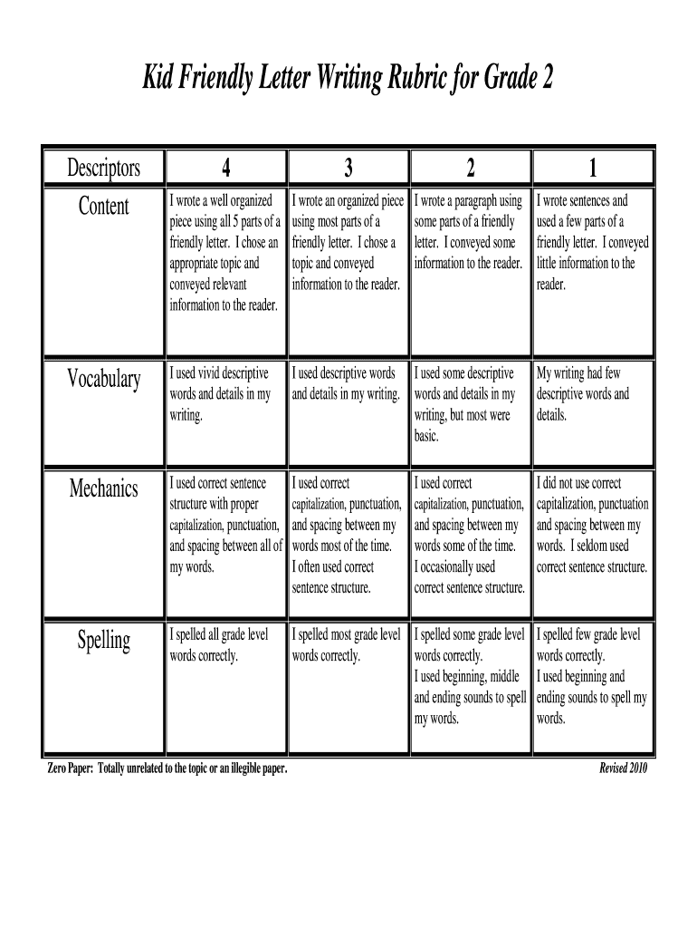 Kid Friendly Letter Writing Rubric for Grade 2  Form