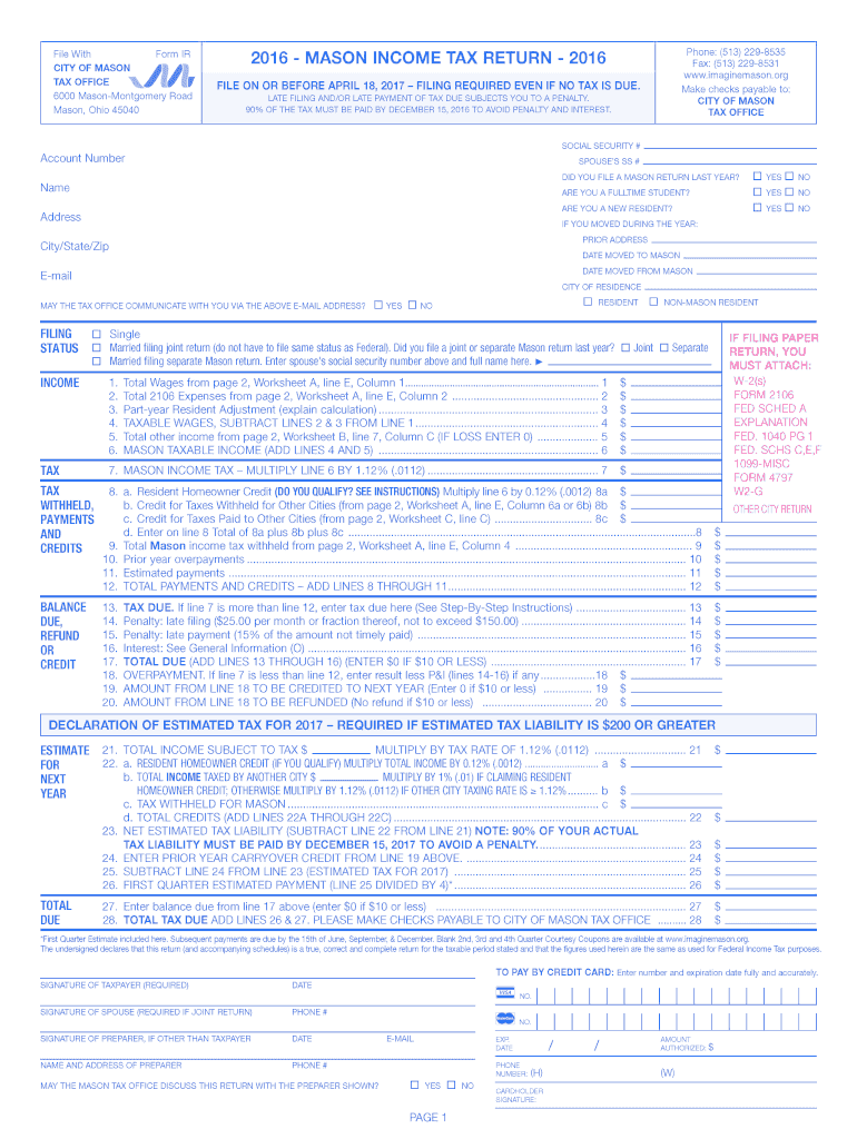  Ohio Mason Return  Form 2016