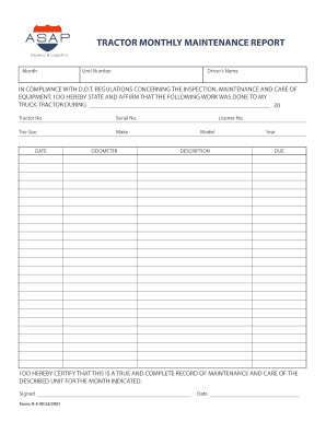 Monthly Maintenance Report Truck  Form