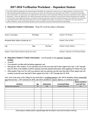  Verification Worksheet Dependent Student 2017