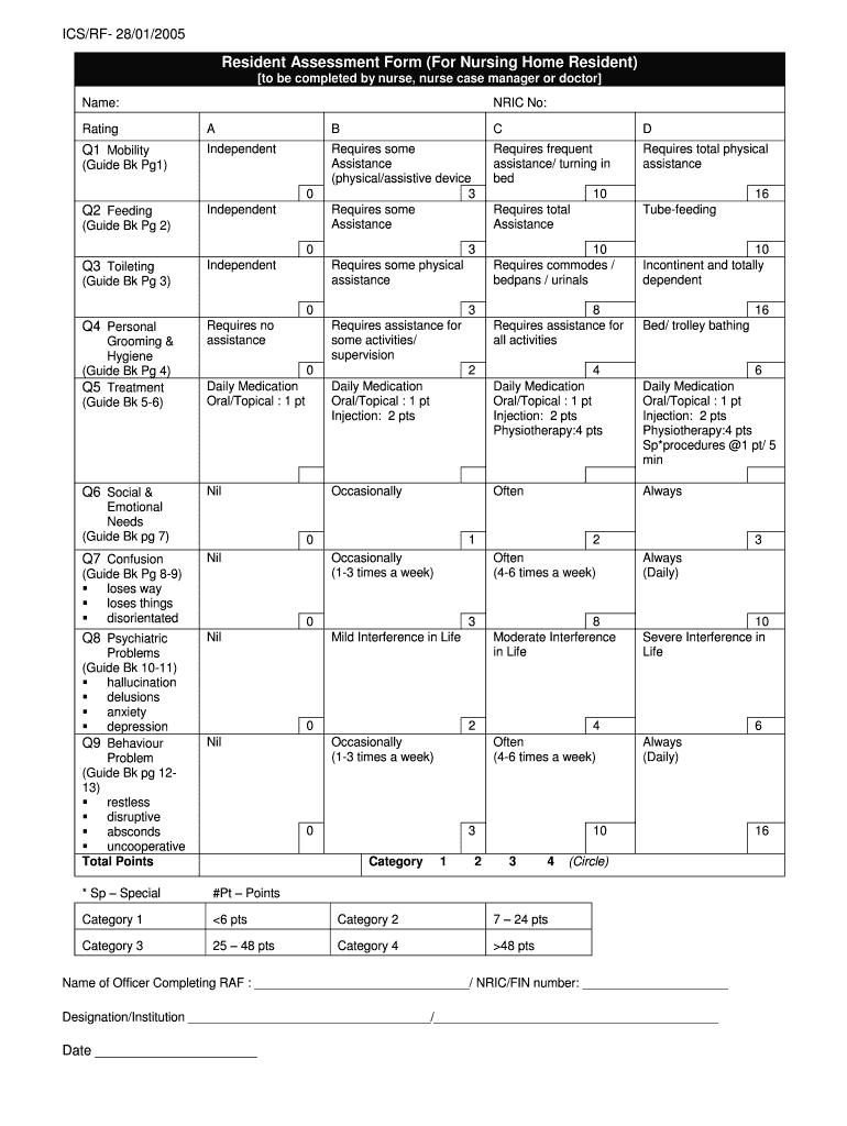 Resident Assessment Form for Nursing Home Resident