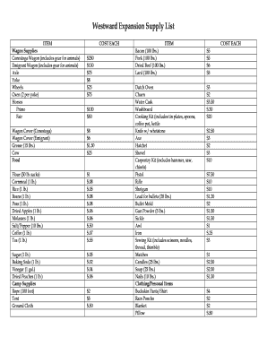 Westward Expansion Supply List  Form