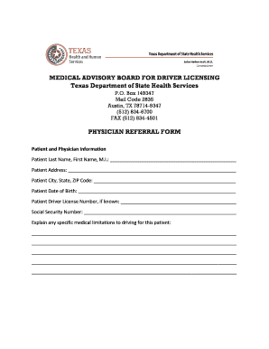 Physician Referral Form Texas Department of State Health Services