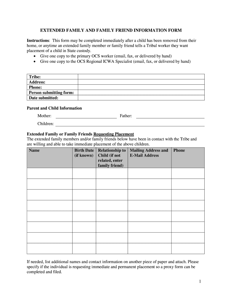 EXTENDED FAMILY and FAMILY FRIEND INFORMATION FORM