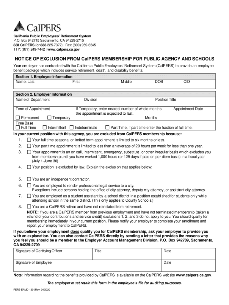 Calpers Notice Exclusion  Form