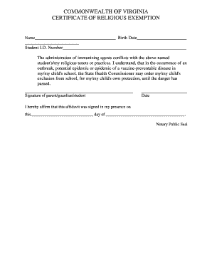 CERTIFICATE of RELIGIOUS EXEMPTION  Form