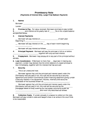 Promissory Note with Balloon Payment Template  Form