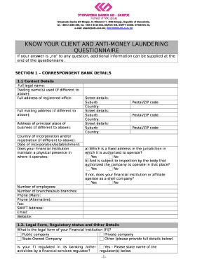 KNOW YOUR CLIENT and ANTI MONEY LAUNDERING QUESTIONNAIRE  Form