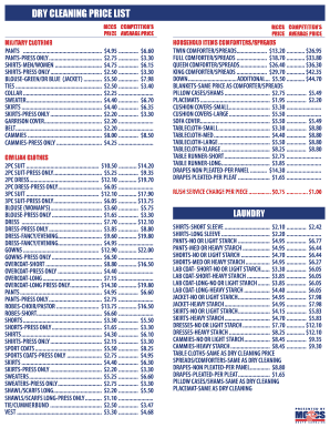 Dry Cleaners Price List  Form
