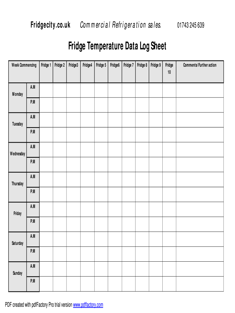 Fridge Temperature Data Log Sheet  Form